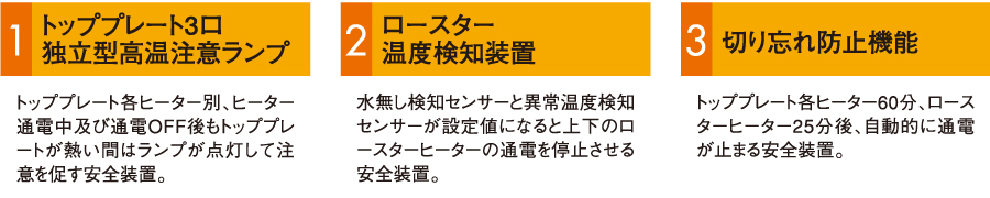 トッププレー3口独立型高温注意ランプ/ロースター温度検知装置/切り忘れ防止機能