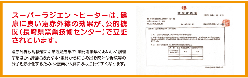 スーパーラジエントヒーターは健康に良い遠赤外線効果が、公立機関(長崎県窯業技術センター)で立証されています